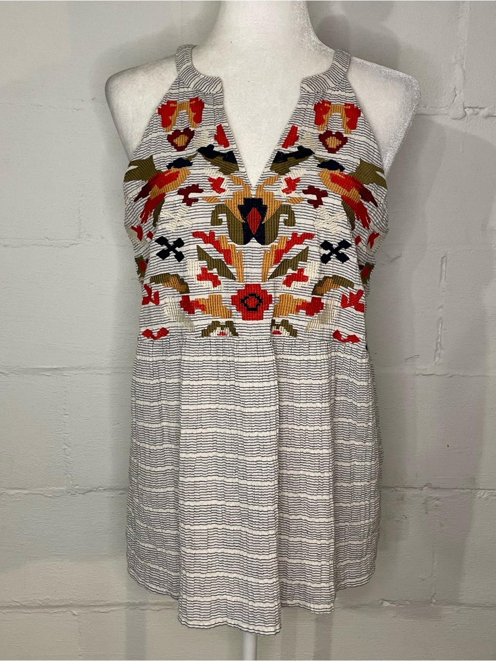 THML White Halter Tank with Red, Olive & Black Embroidery